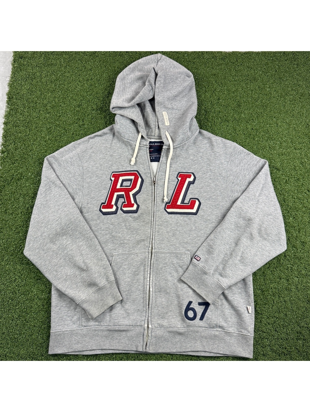 Polo Jeans Co Ralph Lauren Men L Grey Full Zip Hoodie RL 67 Varsity Spellout Y2K